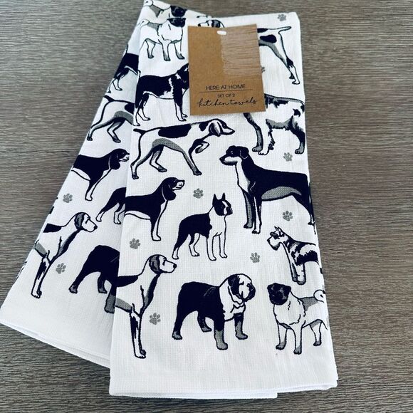 Dog Print Black White Kitchen Dish Towels Oven Mitts Set - Picture 7 of 7